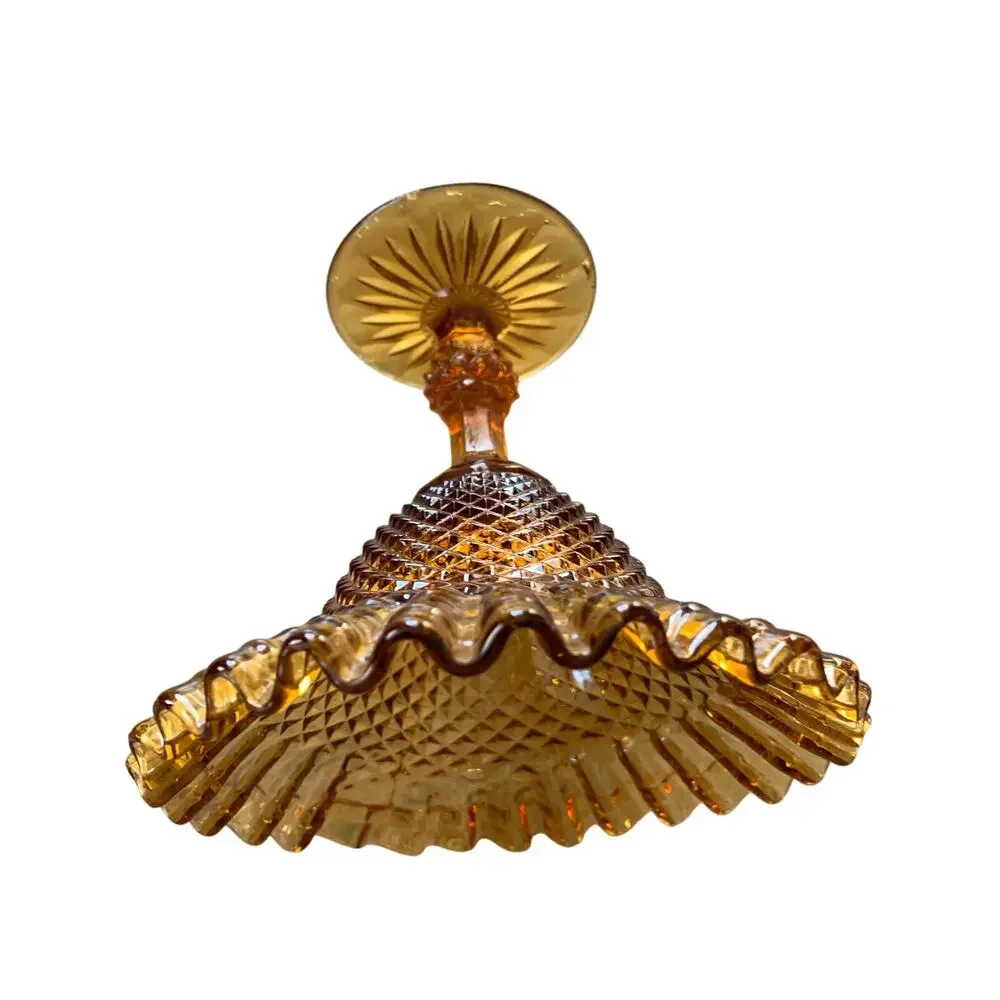 Vintage Amber Glass Ruffle Diamond Pattern Compote Stemmed Candy Dish